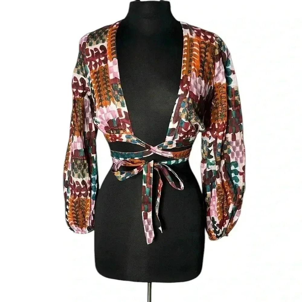 Anthropologie Singapore Abstract Tie Waist Multicolor Cropped Top Size 0 - Picture 2 of 8